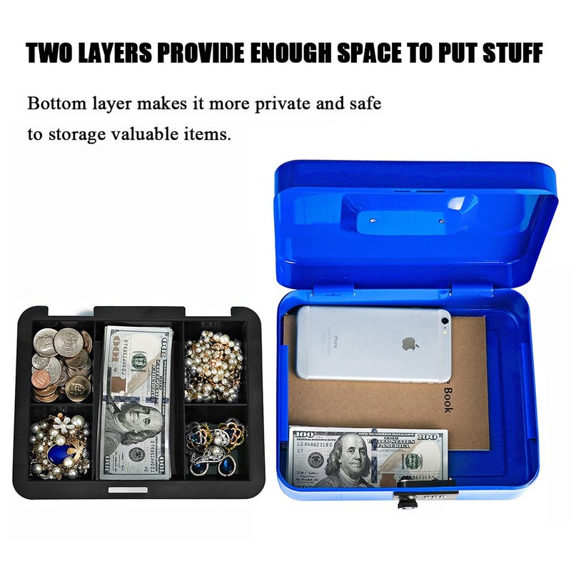 Jssmst Large Cash Box with Combination Lock â€“ Durable Metal Cash Box with Money Tray Blue(9.8 x 7.9 x 3.5), SM-CB07002L - Image 2